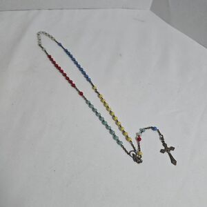 Multicolor Five Decade Rosary W/ Possibly Glass Beads Marked Italy 17" Vintage